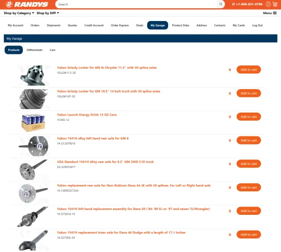 Randys auto parts webpage showing product listings with add to cart buttons.