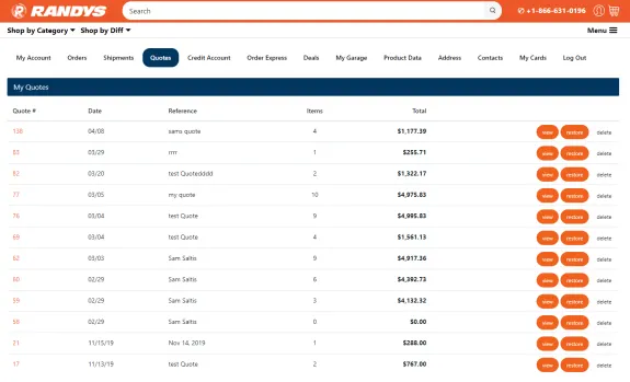 Screenshot of Randys quotes page showing a list of quotes with details and actions.