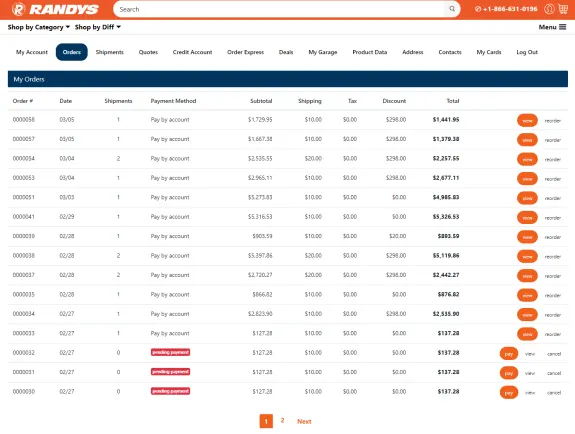 Screenshot of Randys website showing an order summary table with order details and payment status.