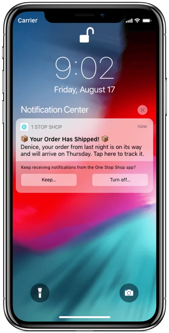 iPhone lock screen with order shipment notification from app