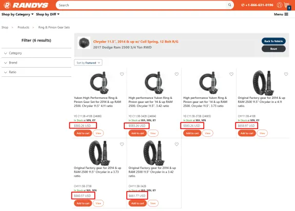 Randy's ring and pinion gear sets for Chrysler and Dodge Ram 2500 on website