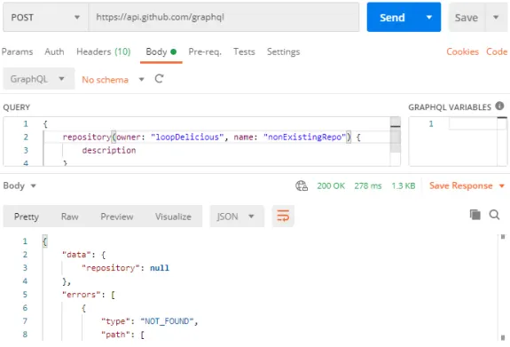 Postman showing a GitHub GraphQL query with an error response for a non-existing repository