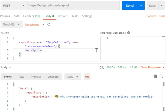GraphQL API query example using GitHub with cat-themed URL shortener.