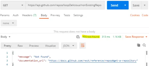 Postman API request showing 404 error for a non-existing GitHub repository.