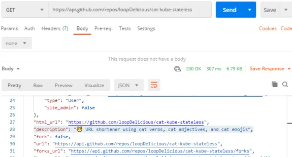 Postman API response showing JSON data with a cat-themed URL shortener description.