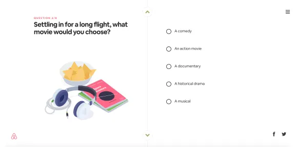 Inflight movie survey with headphones, book, and snack bowl illustration.