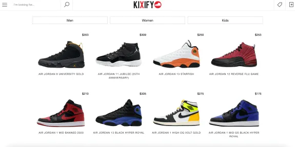 Display of various Air Jordan sneakers for men, women, and kids with prices.