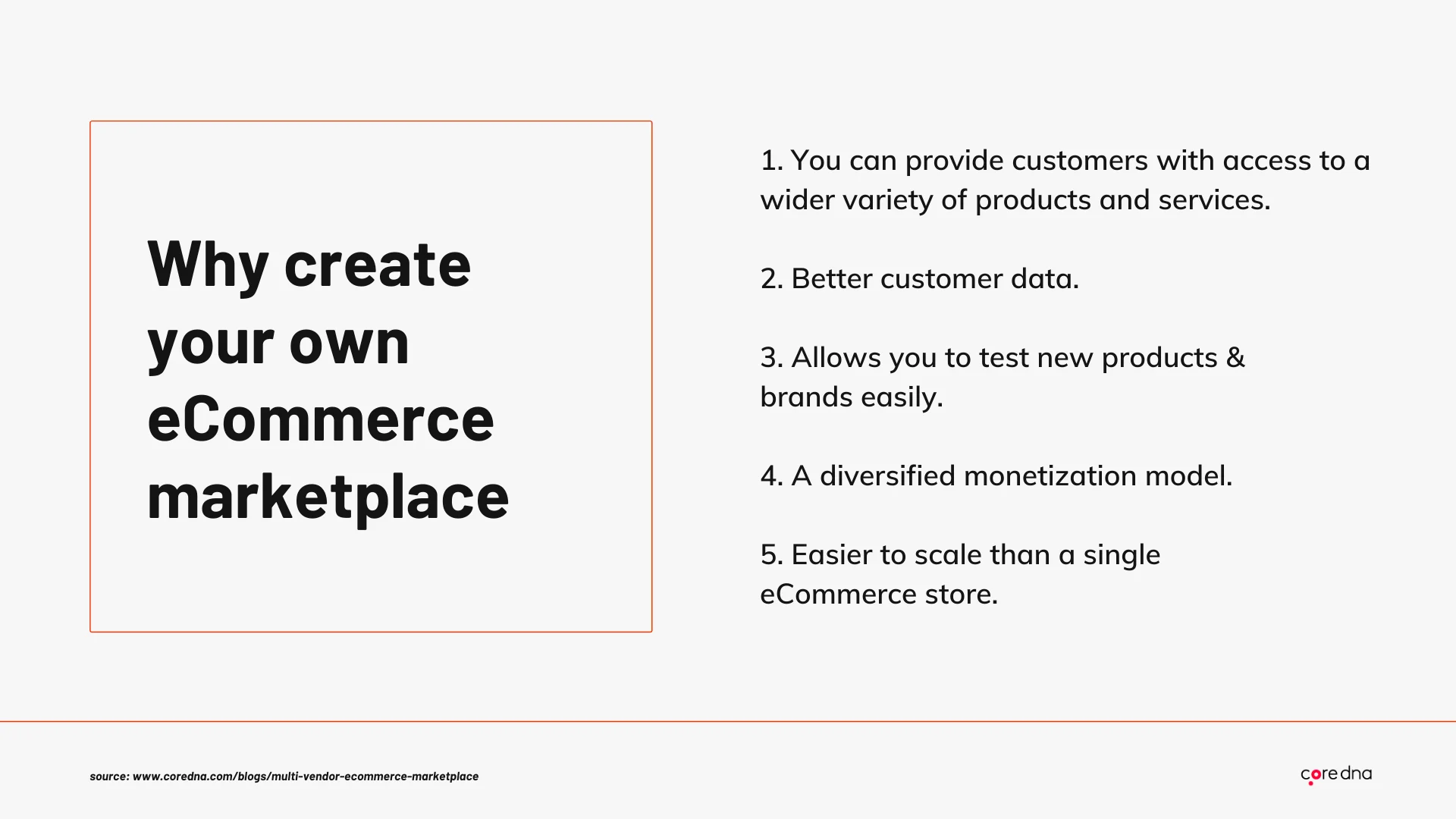 Image listing benefits of creating your own eCommerce marketplace by coredna.