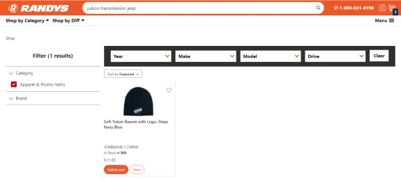Randys website showing a navy blue Yukon beanie with logo in apparel category.