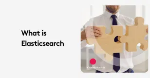 Person in shirt and tie holding large wooden puzzle pieces with text 'What is Elasticsearch'.