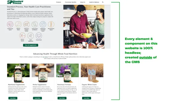 Standard Process website with nutritional products and happy couple in kitchen.