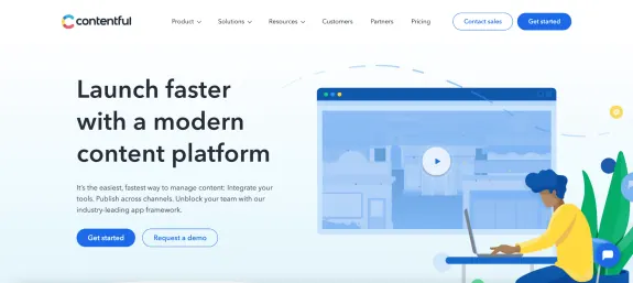 Contentful landing page promoting modern content platform with illustration of person using laptop.