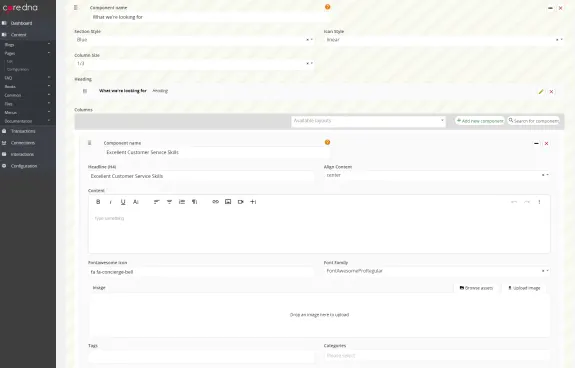 Core dna content editor interface showing customer service skills component setup.