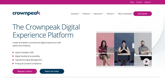 Crownpeak digital experience platform homepage with people and text