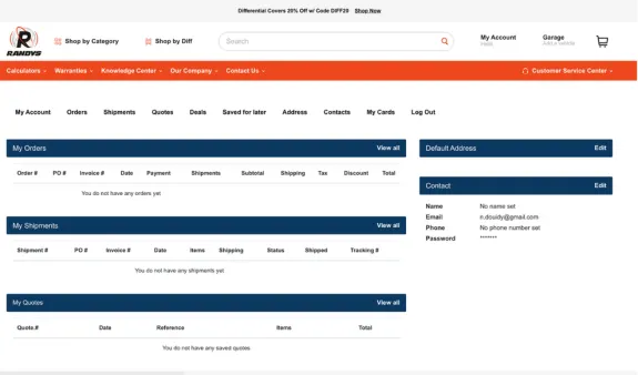 Online account dashboard showing orders, shipments, and contact details.