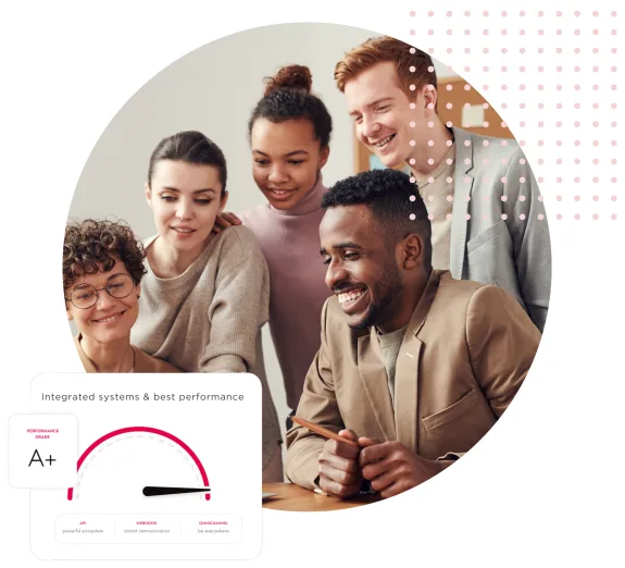 Diverse team of five people collaborating in an office setting with a performance grade chart.