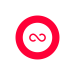 Red infinity symbol inside a red circle on a white background.