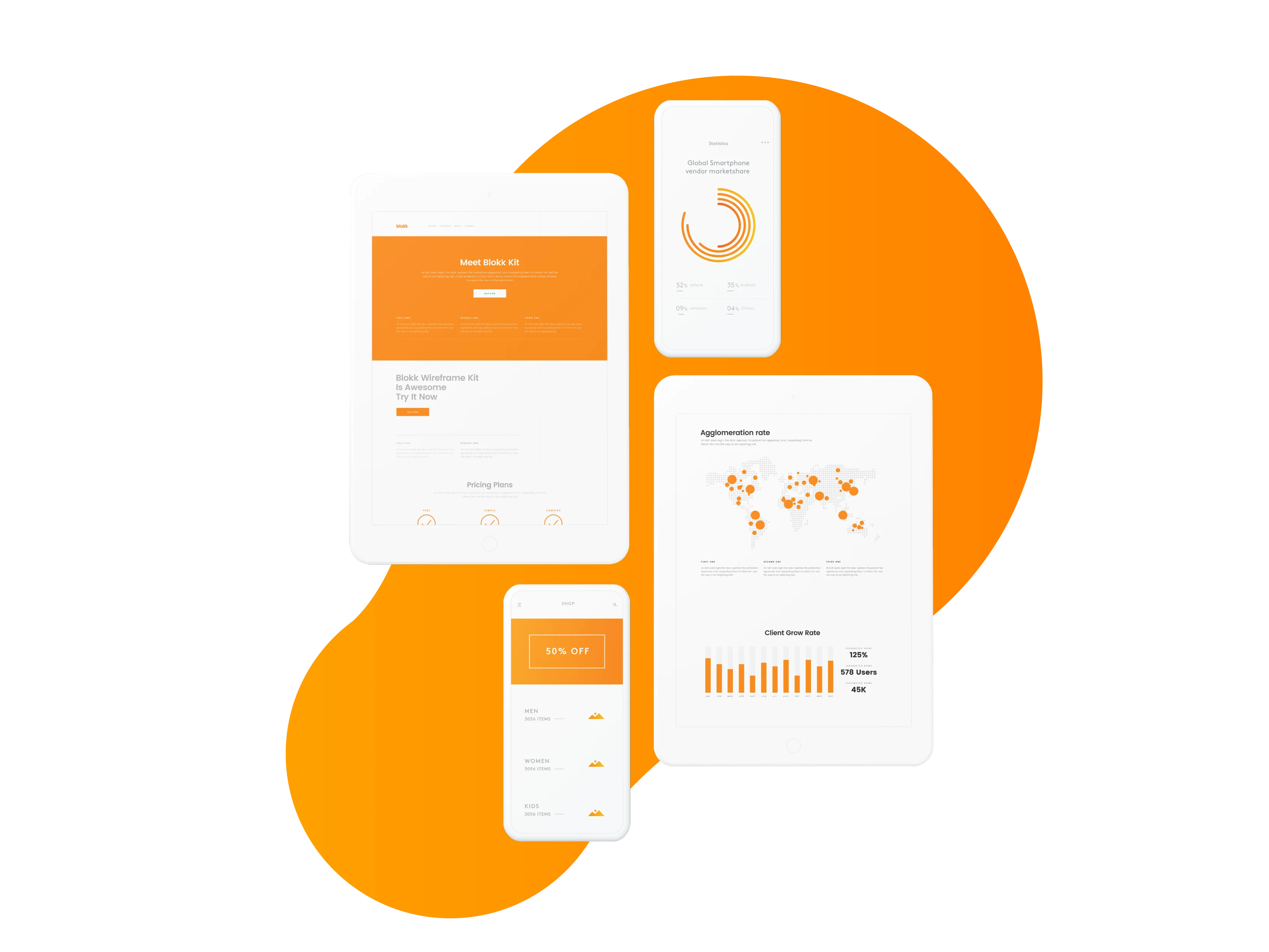 Digital devices displaying orange-themed UI design on black background.