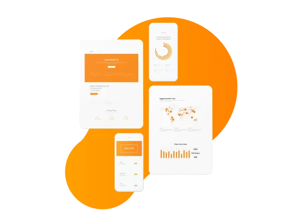 Digital devices displaying orange-themed UI design on black background.