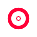Red target symbol with a gear icon in the center on a white background.