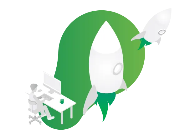 Illustration of a person at a desk with green rockets symbolizing business growth.