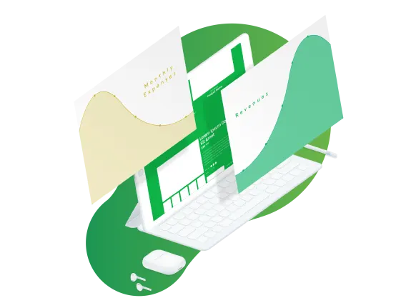 Laptop displaying financial charts for monthly expenses and revenues analysis