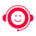 Red icon of a smiling face wearing a headset on a white background