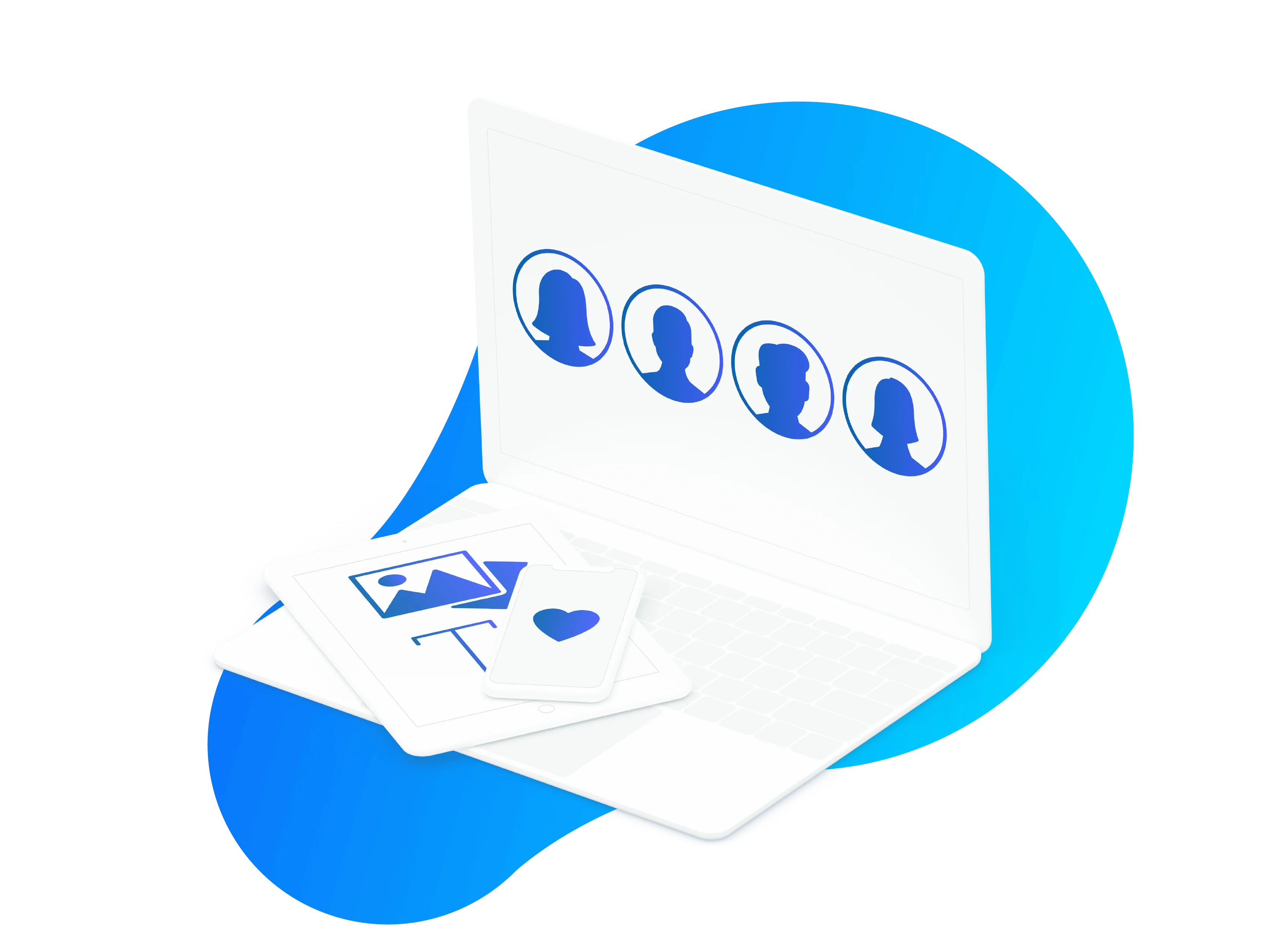 White laptop displaying silhouette icons on a blue gradient background.