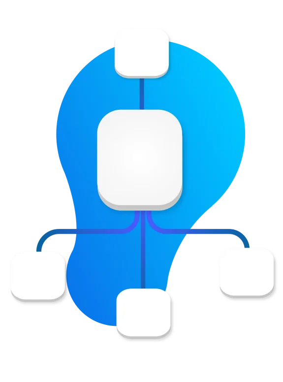 Blue lightbulb-shaped diagram with connected square nodes.