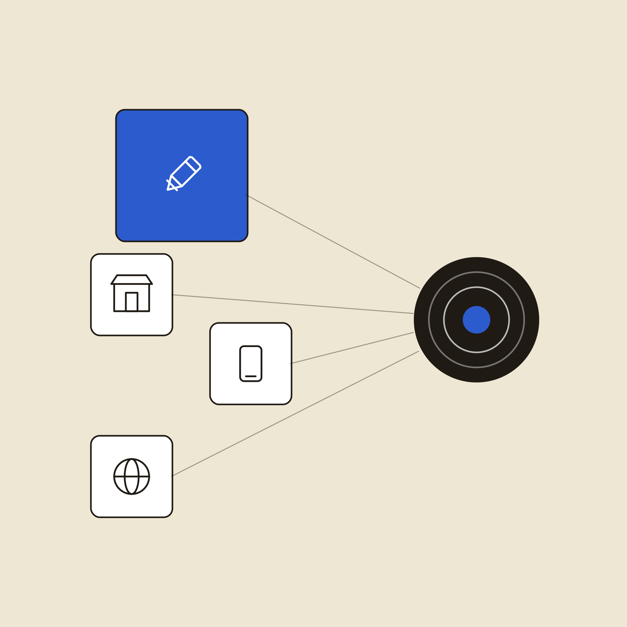 Diagram showing digital network icons connected to a central target on beige background.