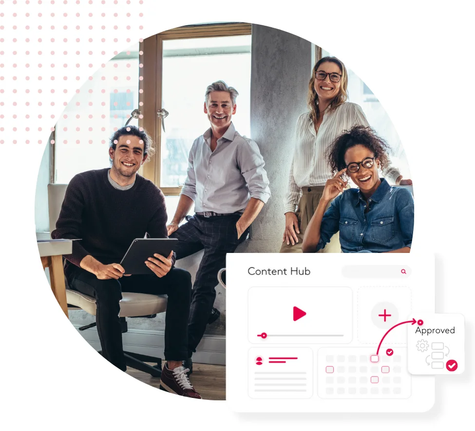 Diverse team of four discussing a project around a tablet in an office setting.