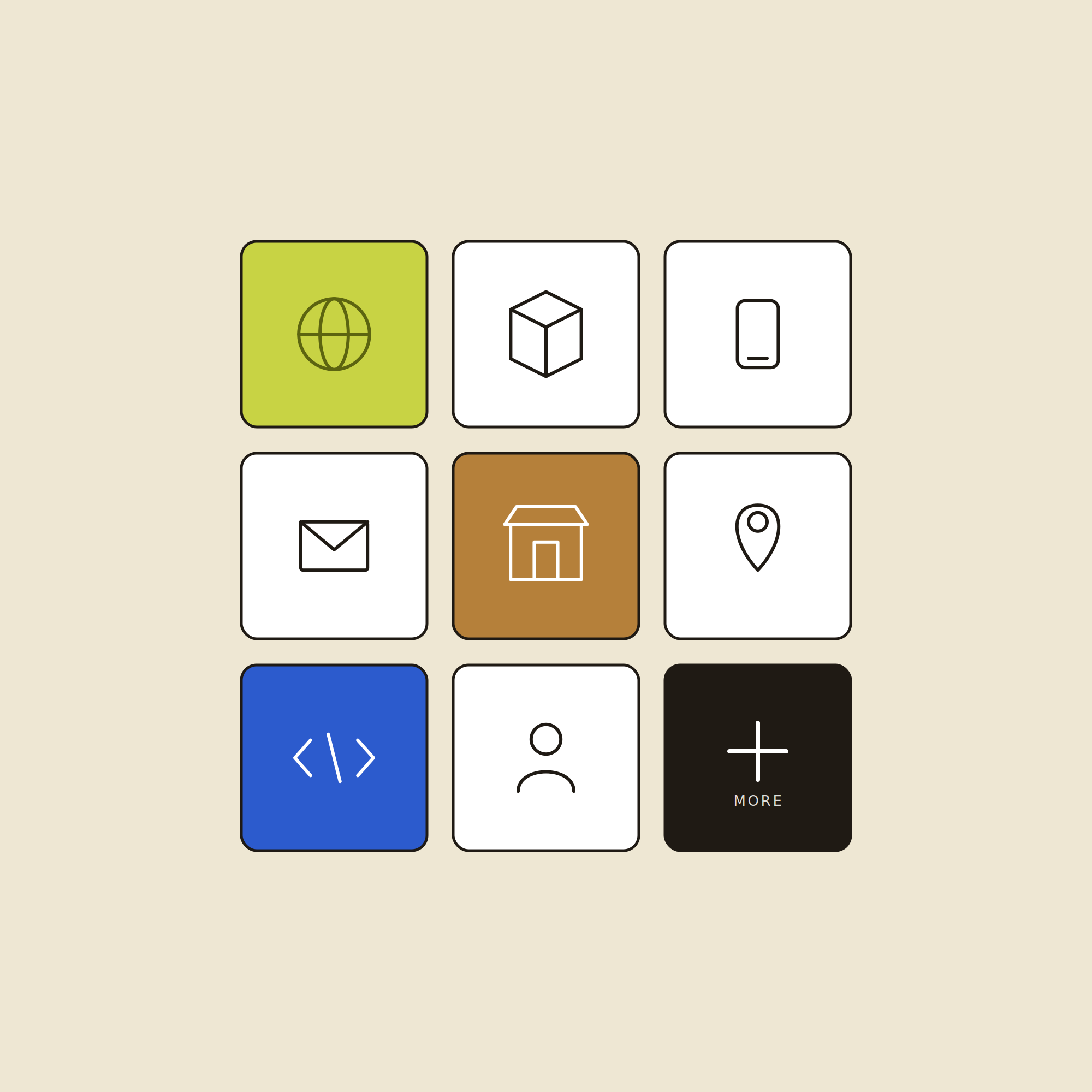 Grid of icons including web, email, location, and design symbols on colored squares.