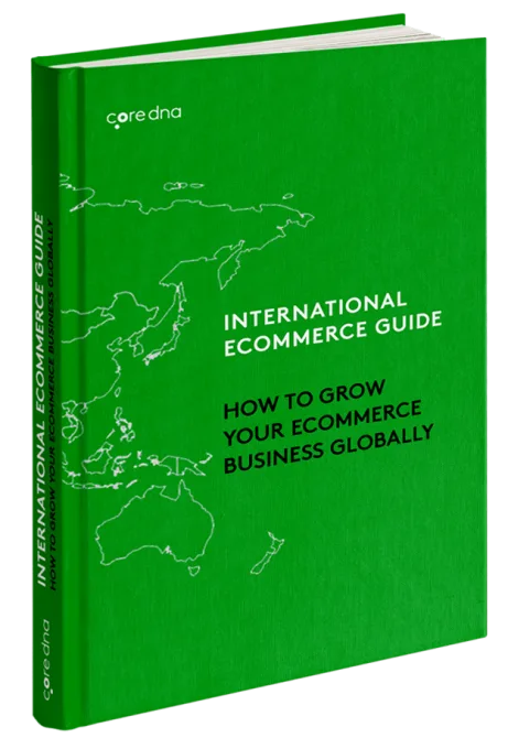 Green book cover titled International Ecommerce Guide with world map outline