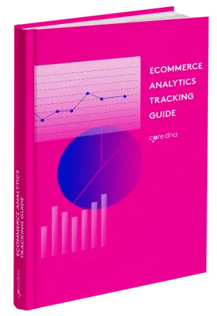 Ecommerce Analytics Tracking Guide book with pink cover and charts.
