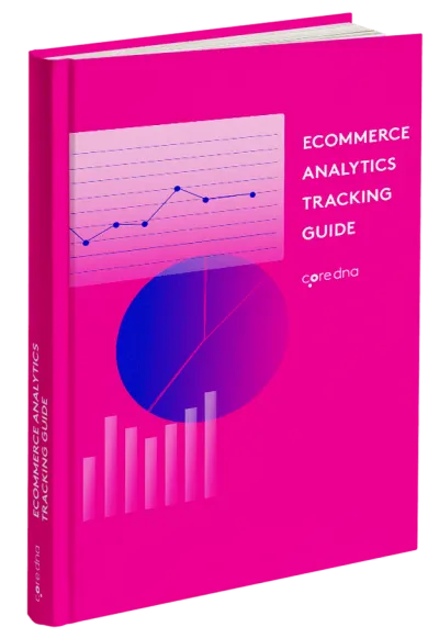 Ecommerce Analytics Tracking Guide book with pink cover and charts.