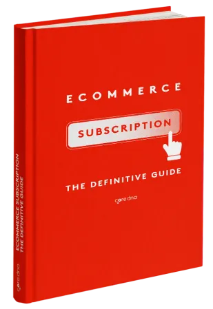 Red book cover titled 'Ecommerce Subscription The Definitive Guide' with a hand icon.