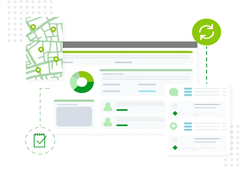 Illustration of a dashboard with map and icons in green theme.