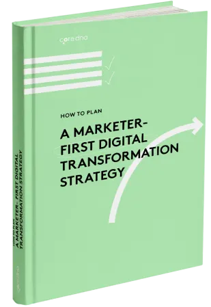 Book cover titled 'A Marketer-First Digital Transformation Strategy' with green background.
