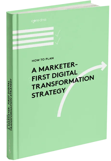 Book cover titled 'A Marketer-First Digital Transformation Strategy' with green background.