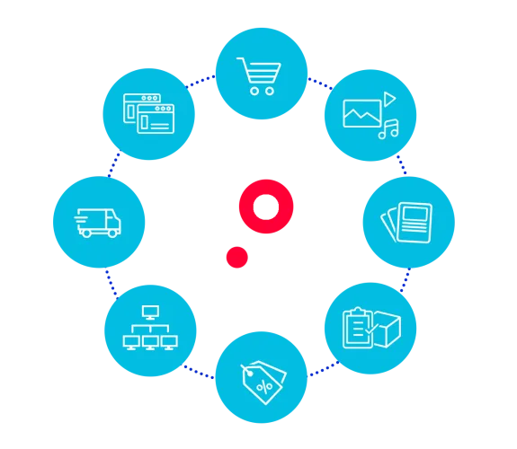 Ecommerce icons on a blue background including cart, delivery, and discount symbols