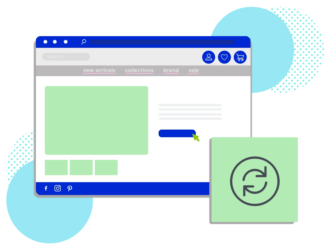 Illustration of an ecommerce website interface with navigation and icons.