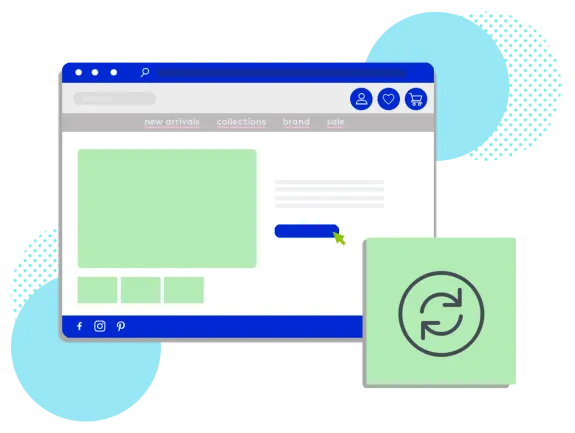 Illustration of an ecommerce website interface with navigation and icons.