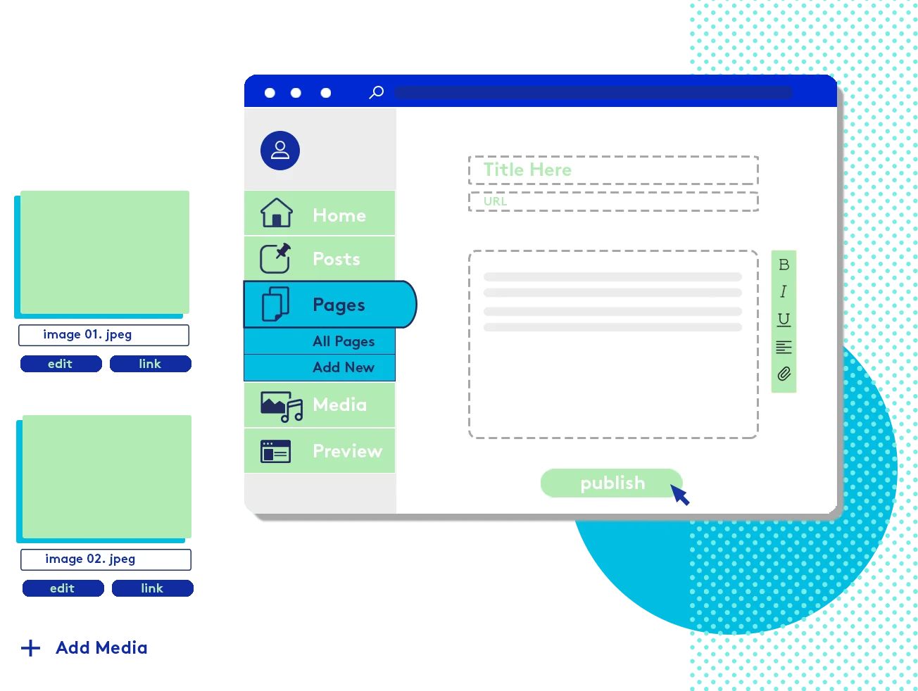 Illustration of a web page builder interface with editing options.