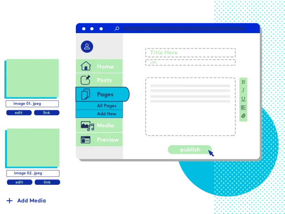 Illustration of a web page builder interface with editing options.