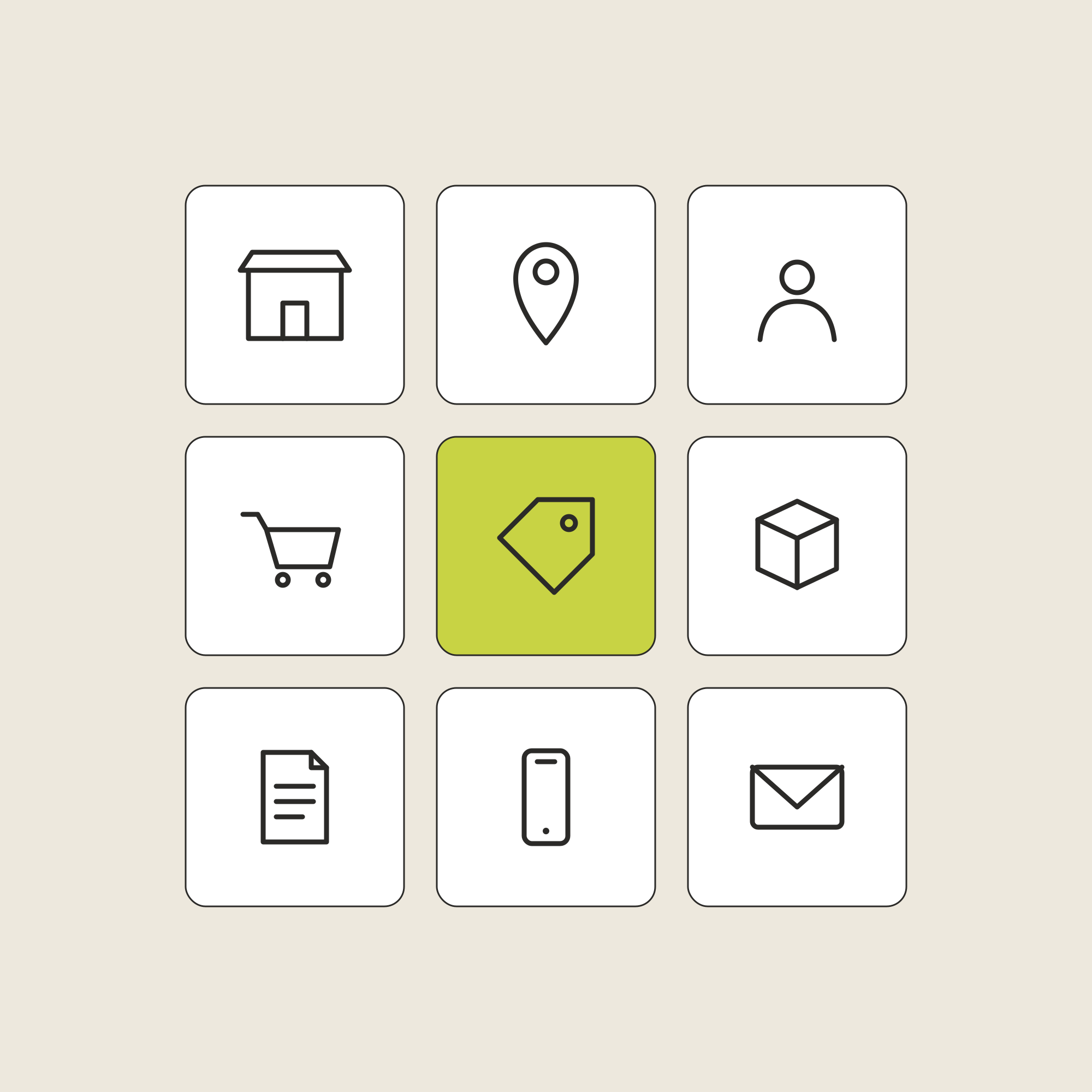Grid of UI icons including shopping cart, tag, phone, and more on beige background.