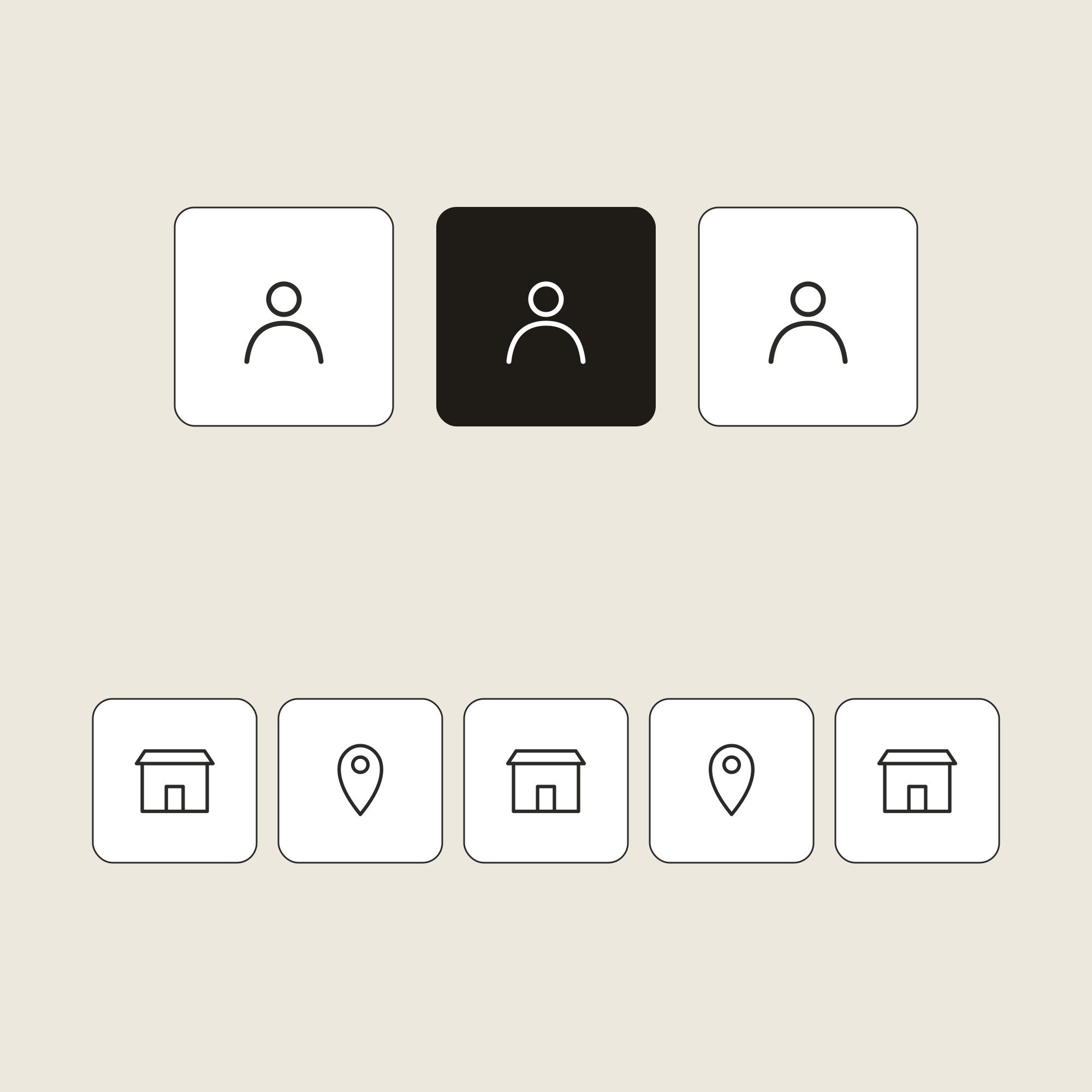 Minimalist user interface icons for profile, locations, and shops on a neutral background.