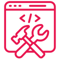 Red web development icon with hammer and wrench in browser window