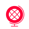 Red globe icon on a white background with a simple design