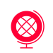Red globe icon on a white background with a simple design