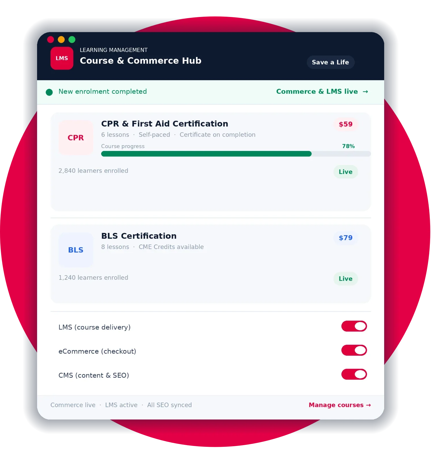 Course and commerce hub dashboard showing CPR and BLS certifications.
